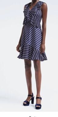 Banana Republic Stripe Cross-Flounce Fit-and-Flare Dress,Blue SIZE 10